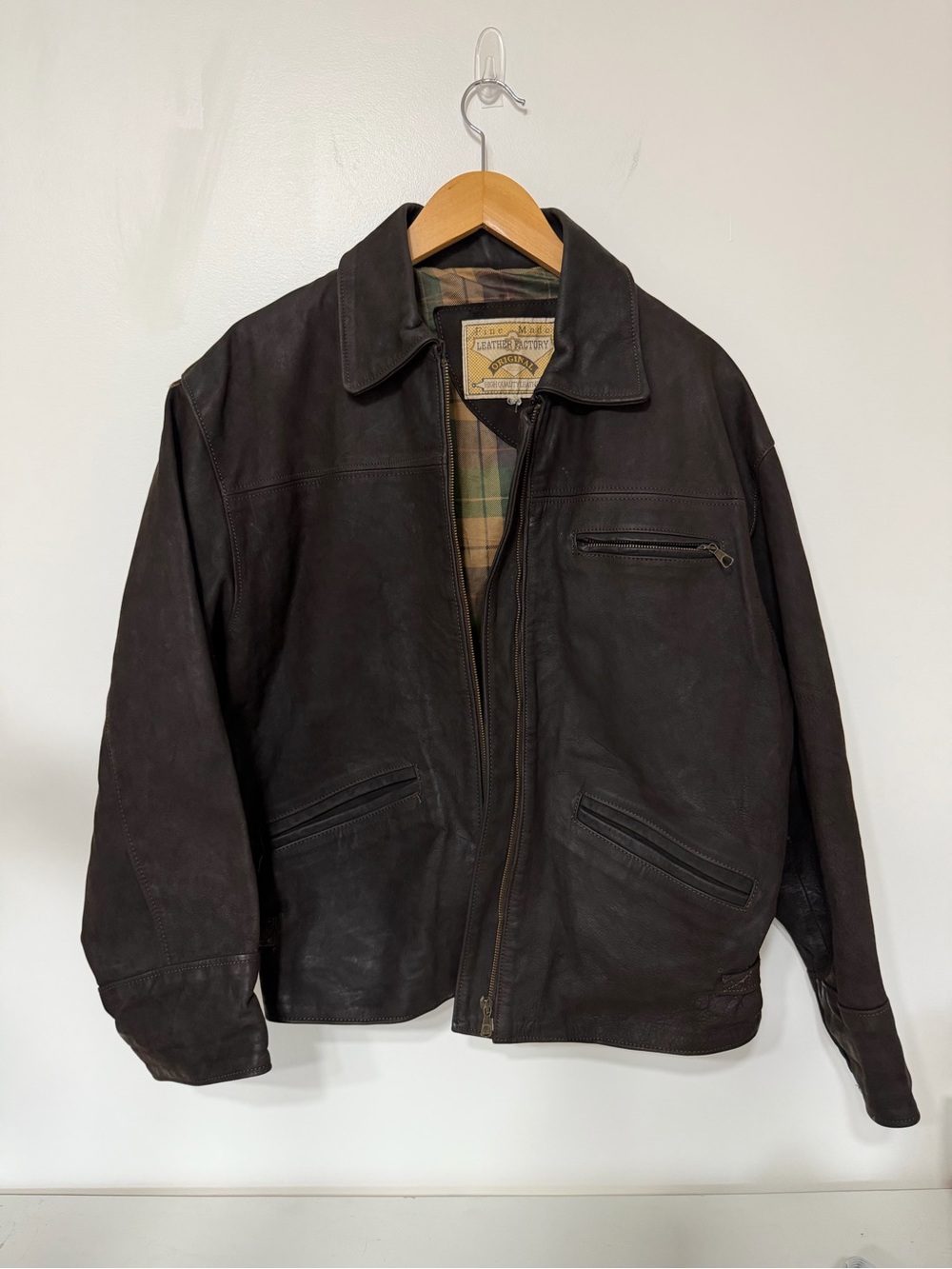 Vintage Fine Made Men’s Brown Genuine Leather Jacket Plaid Lined Zip Front